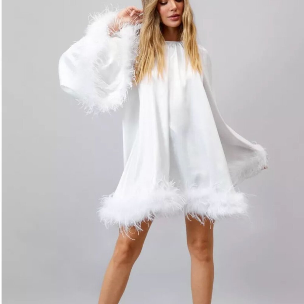 NASTY GAL Feather Trim Satin Swing Dress NEVER WORN VINTAGE DRESS